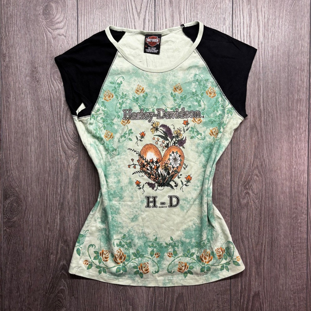 Harley-Davidson Women XL Green Black Floral Heart Raglan Tee Y2K Vtg Gastonia